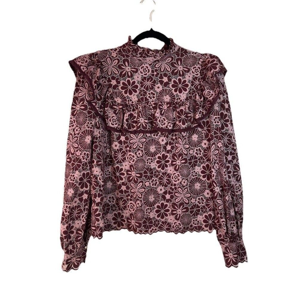 Vici Tabitha Size L Burgundy Eyelet Lace Crochet Semi Sheer Women’s Feminine Top